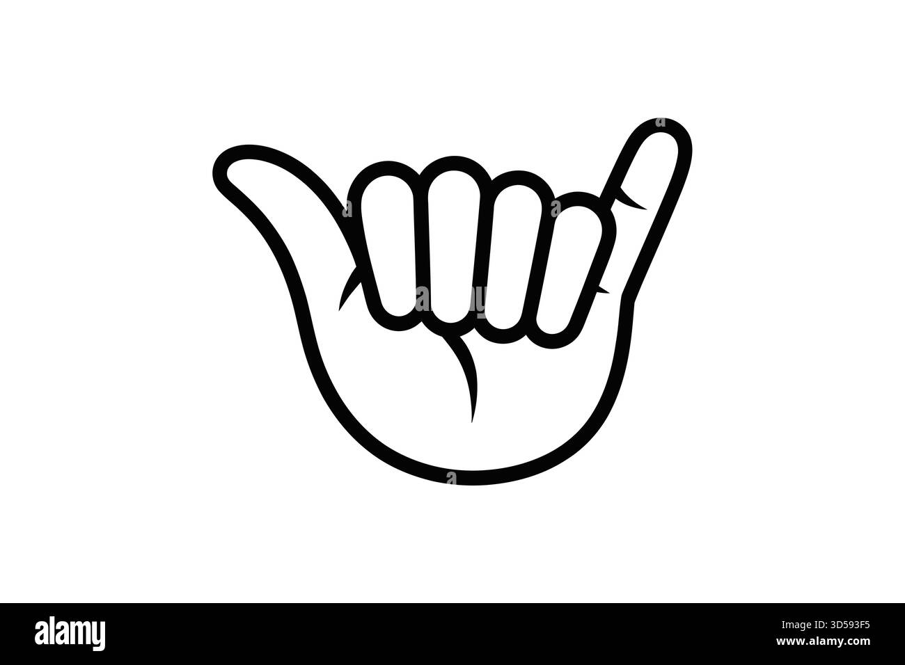 Eine minimalistische schwarz-weiße Linienzeichnung einer Hand, die das shaka-Zeichen bildet, ein Symbol für Aloha und gute Vibes. Stock Vektor