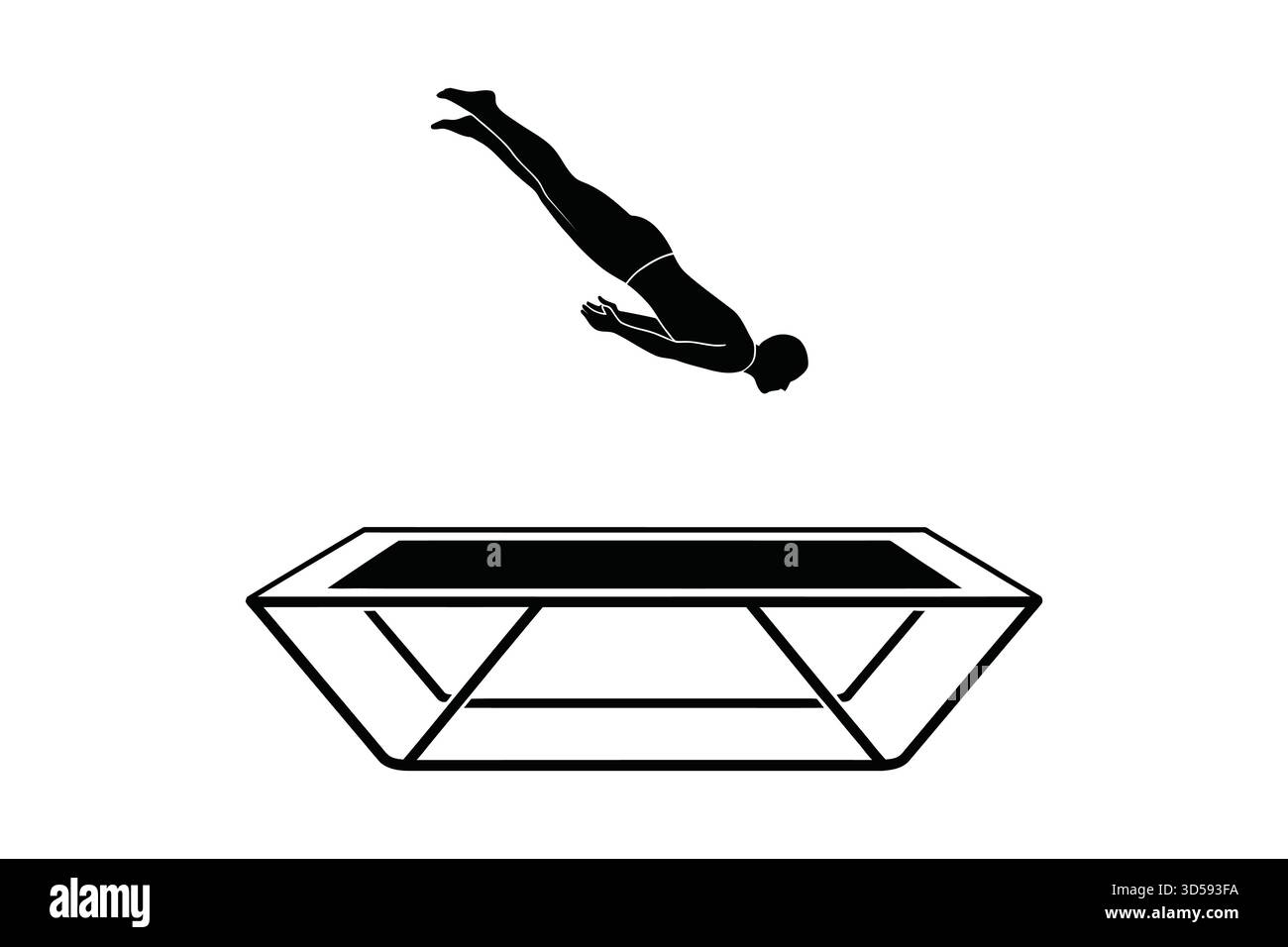 Eine schwarze Silhouette eines Tauchers, der einen Flip in der Luft durchführt, positioniert über einem stilisierten Trampolin. Stock Vektor