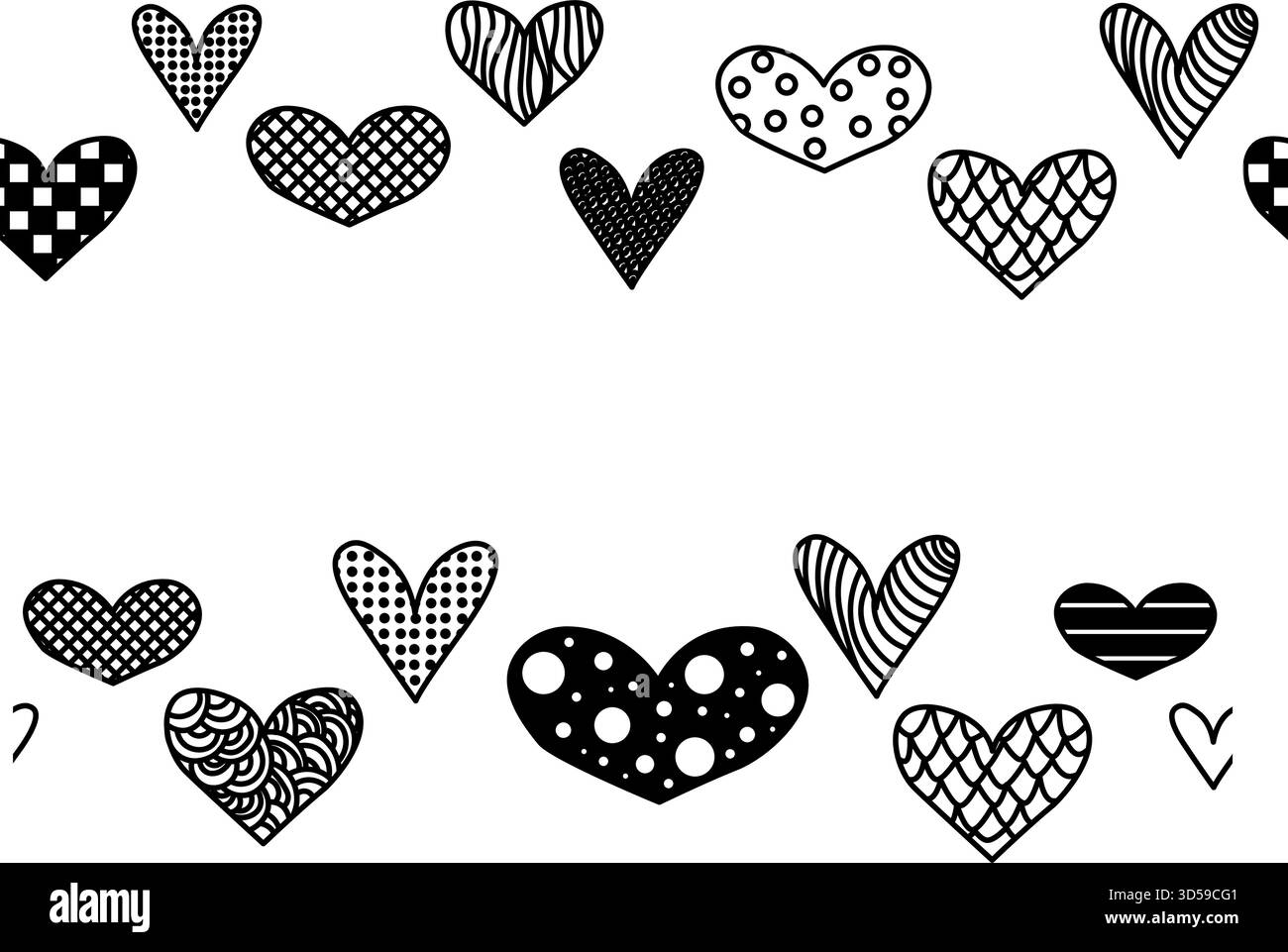 Set mit nahtlosem Rand in Herzform. Dekor mit großem Herzrand. Nahtloser, horizontaler Rand zum Valentinstag. Vektorgrafik schwarz-weiß illustr Stock Vektor