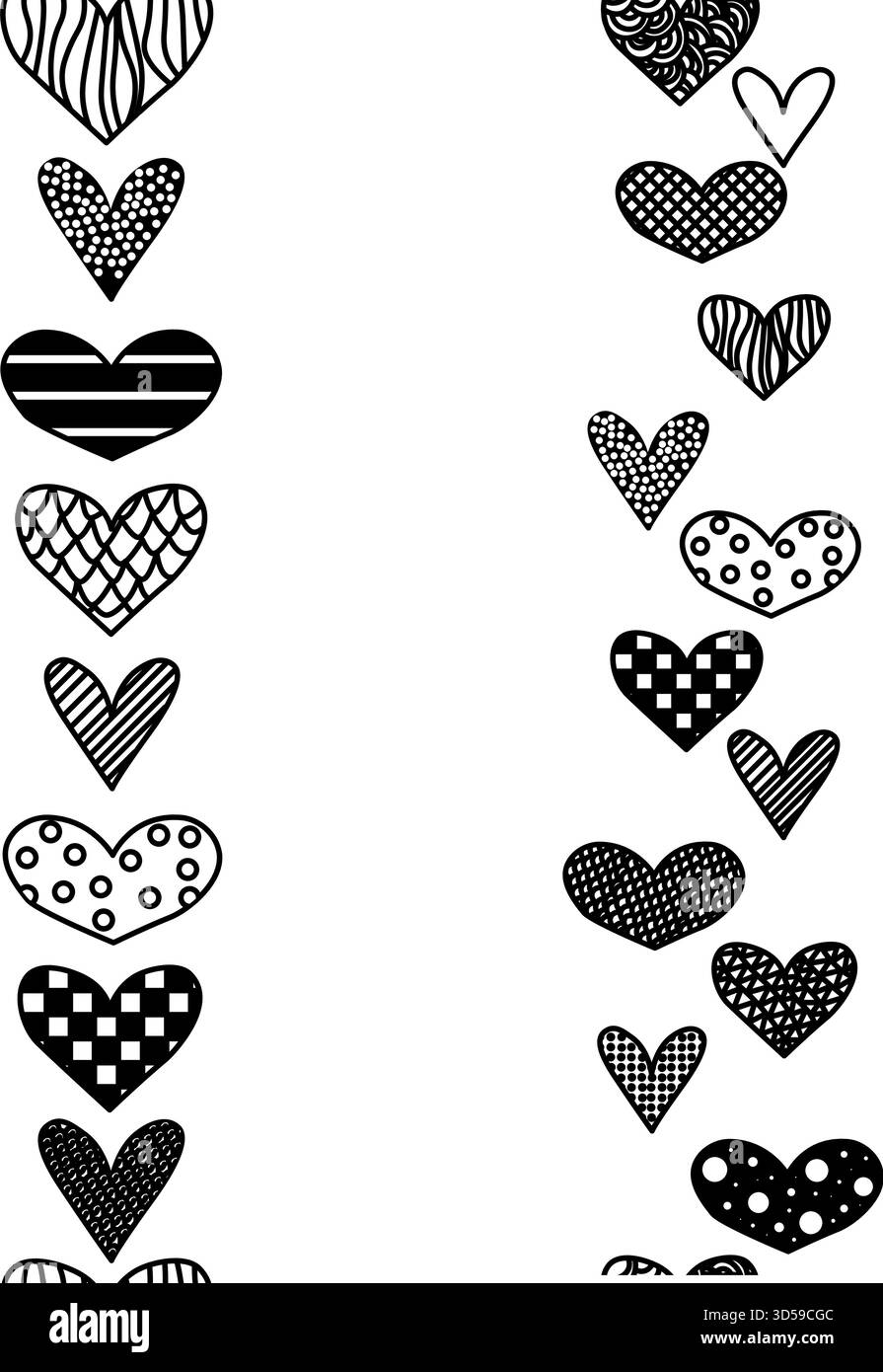 Set mit nahtlosem Rand in Herzform. Dekor mit großem Herzrand. Nahtloser vertikaler Rand zum Valentinstag. Vektorgrafik, schwarz-weißes Illustrat Stock Vektor