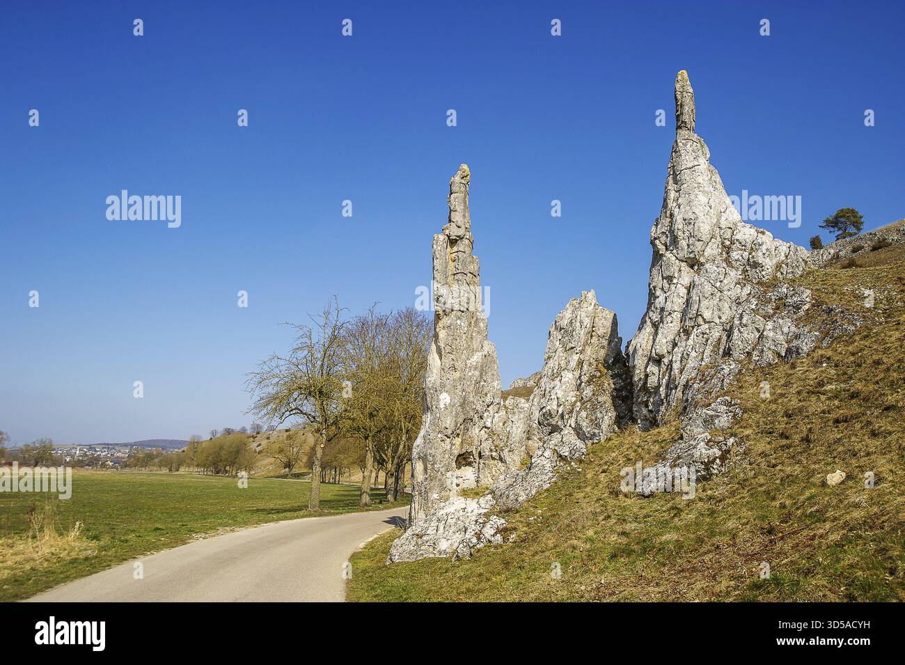 Steinerne Jungfrauen â€¢ Landkreis Heidenheim, Baden-Württemberg, Deutschland, Eselsburger Tal, Eselsburger Tal - Heidenheim, Baden-Württemberg, Bund Stockfoto