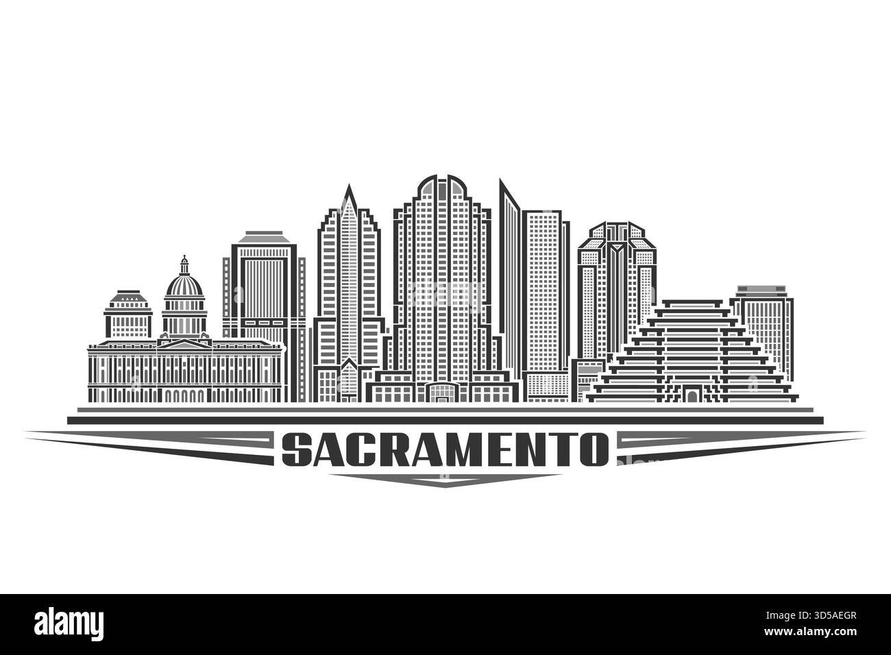 Vektor-Illustration von Sacramento, monochrome horizontale Karte mit linearem Design sacramento Stadtlandschaft, städtisches Linie Kunstkonzept mit dekorativen Buchstaben Stock Vektor