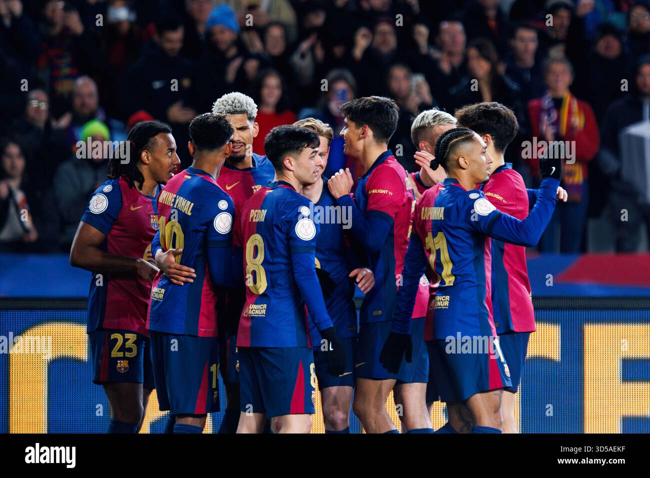 Barcelona, Spanien. Januar 2025. Barcelona Spieler feiern ein Tor beim LaLiga EA Sports Spiel zwischen dem FC Barcelona und Real Betis im Stockfoto