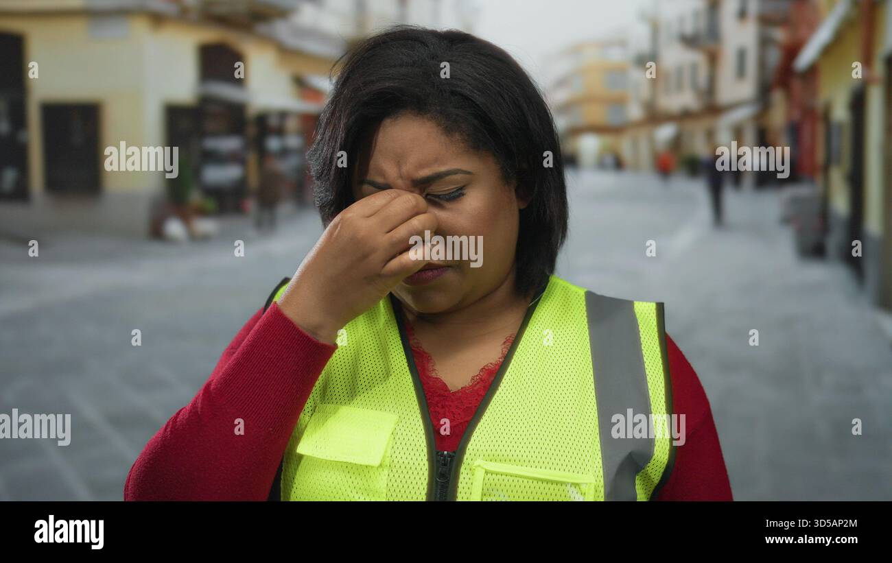 Eine Frau, die tagsüber eine reflektierende Weste trägt und auf einer belebten Straße müde aussieht, deutet auf städtischen Stress und Müdigkeit hin. Stockfoto