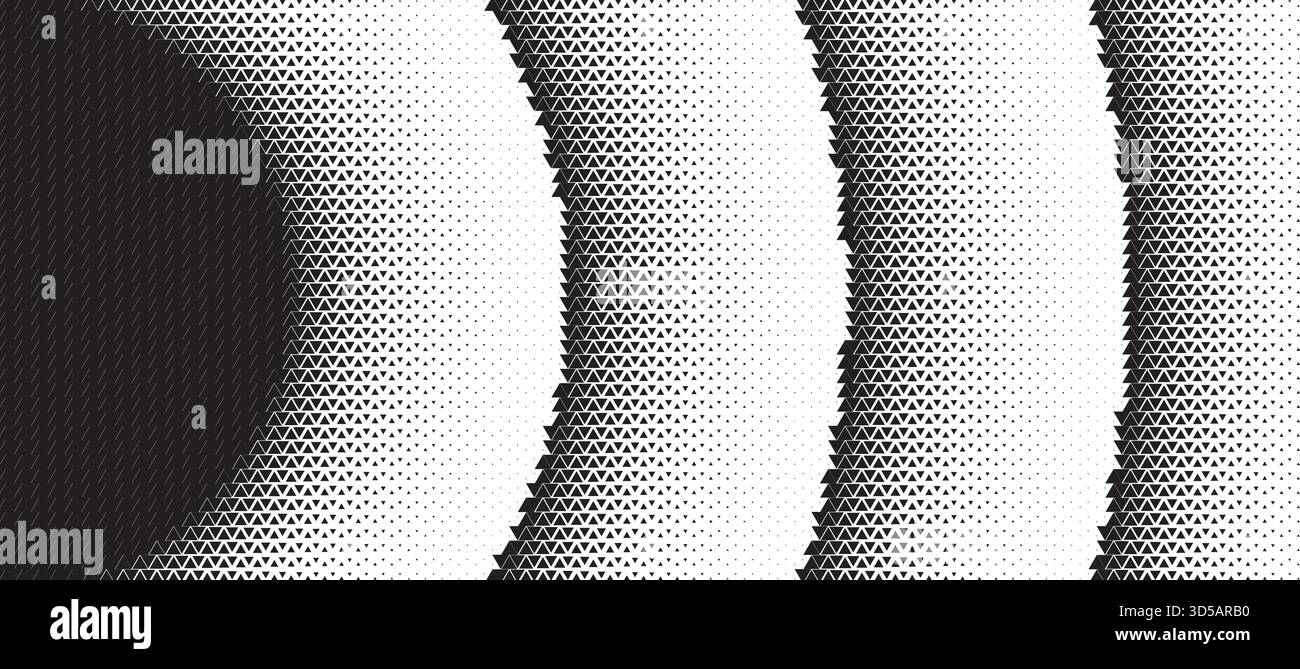 Dreieckiges rundes welliges Halbtonmuster Hintergrund. Abstrakte geometrische Kulisse mit trendigem Mosaikeffekt. Dynamisches Überblenden. Stock Vektor