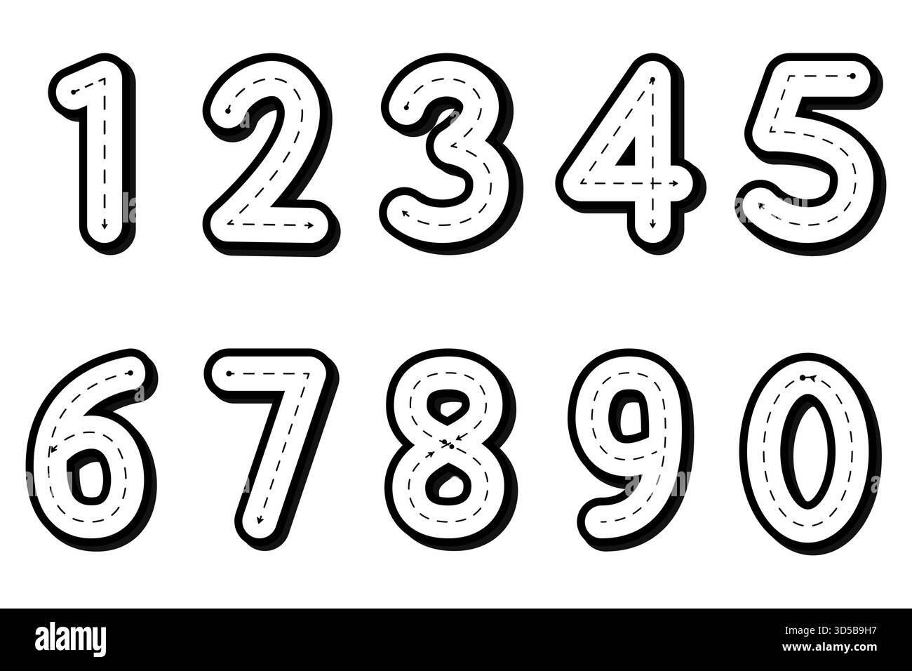 Arbeitsblatt „Lernnummern“. Pädagogische Druckübungen für Kinder. Stock Vektor