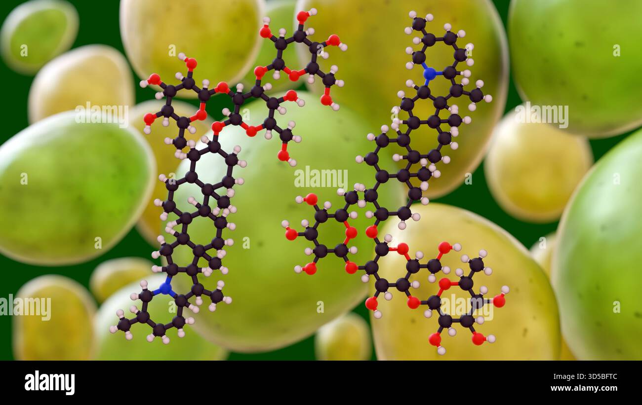 Ein 3D-Rendering grüner, unreifer Kartoffeln mit der komplexen Molekülstruktur von Solanin. Stockfoto