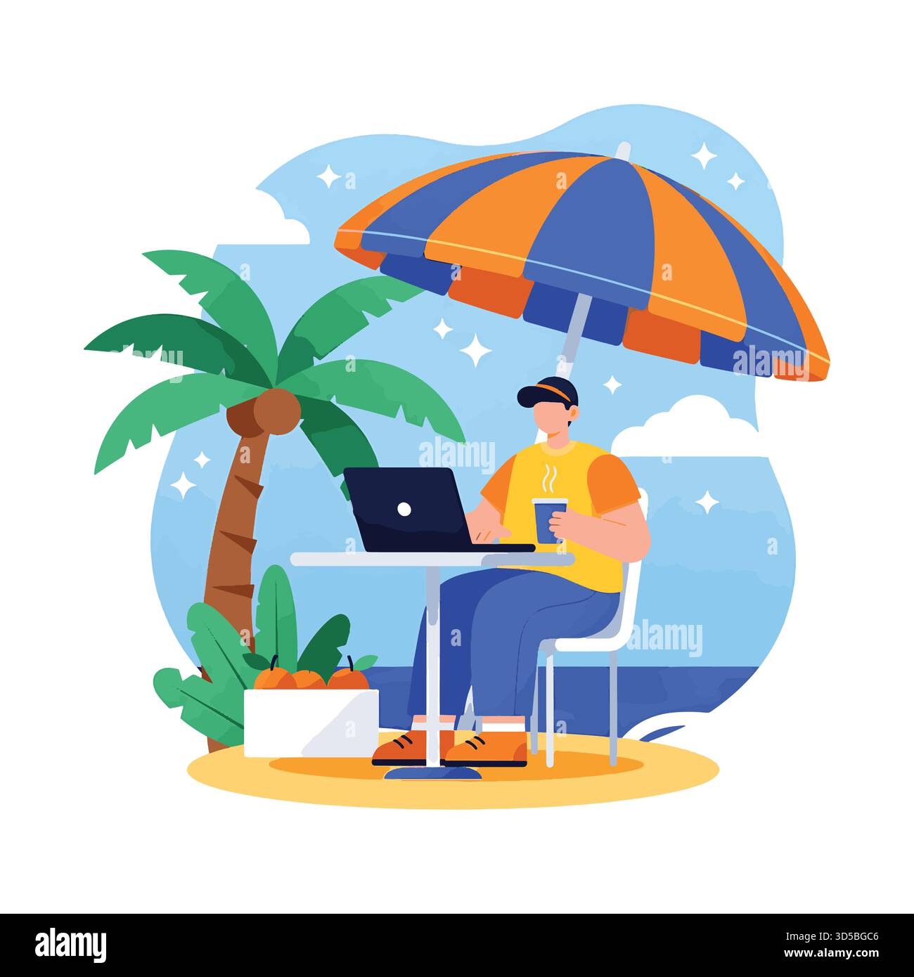 Mann, der am Strand mit Laptop und Kaffee arbeitet Stock Vektor