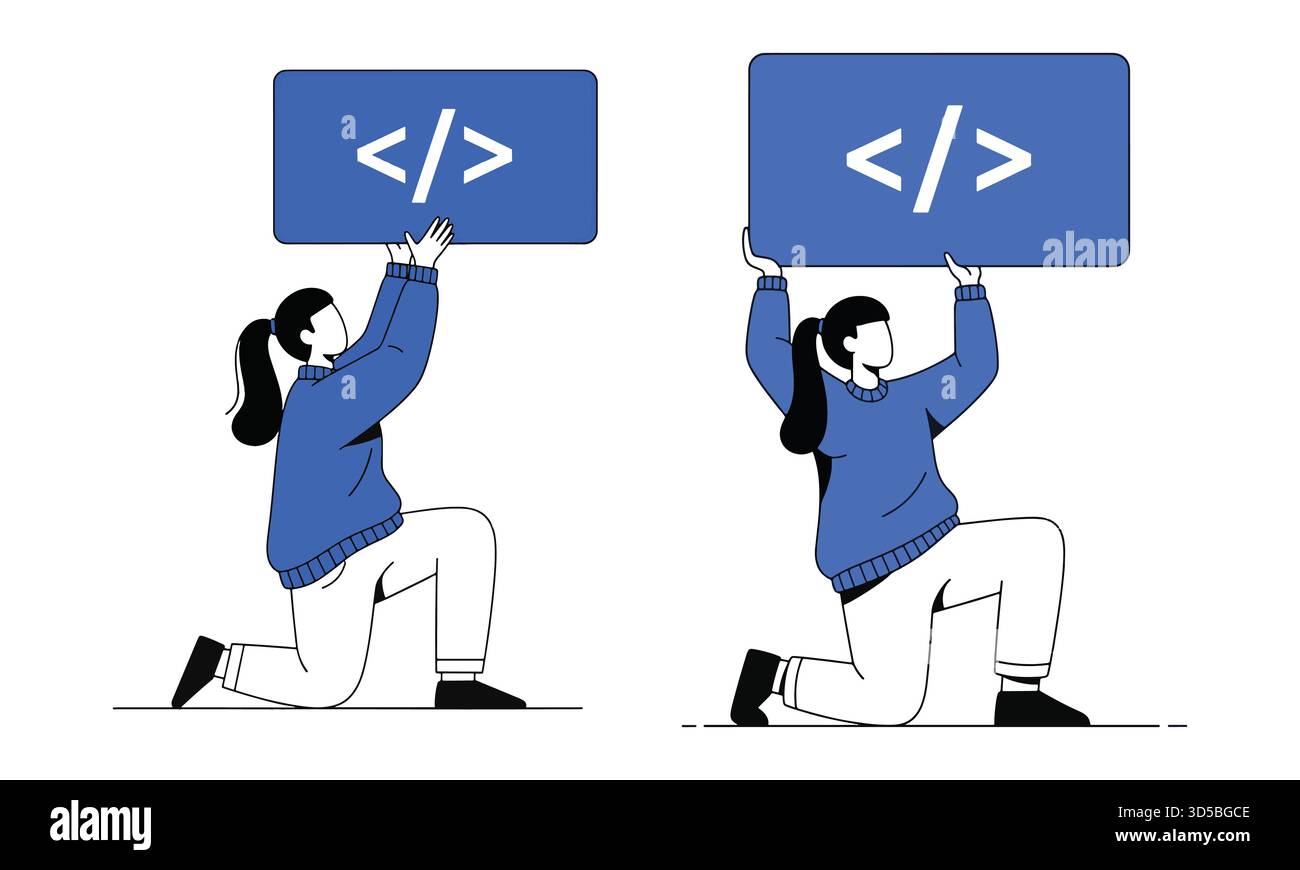 Frauen, die Code-Zeichen halten, die Softwareentwicklungs- und Programmierkonzepte symbolisieren Stock Vektor