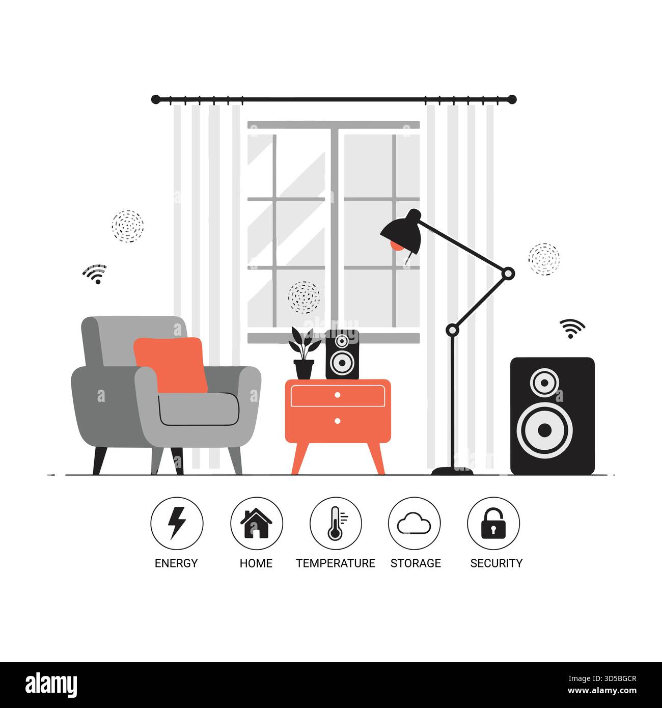 Smart Home Technology Konzept Innendesign mit vernetzten Geräten – Illustration Stock Vektor