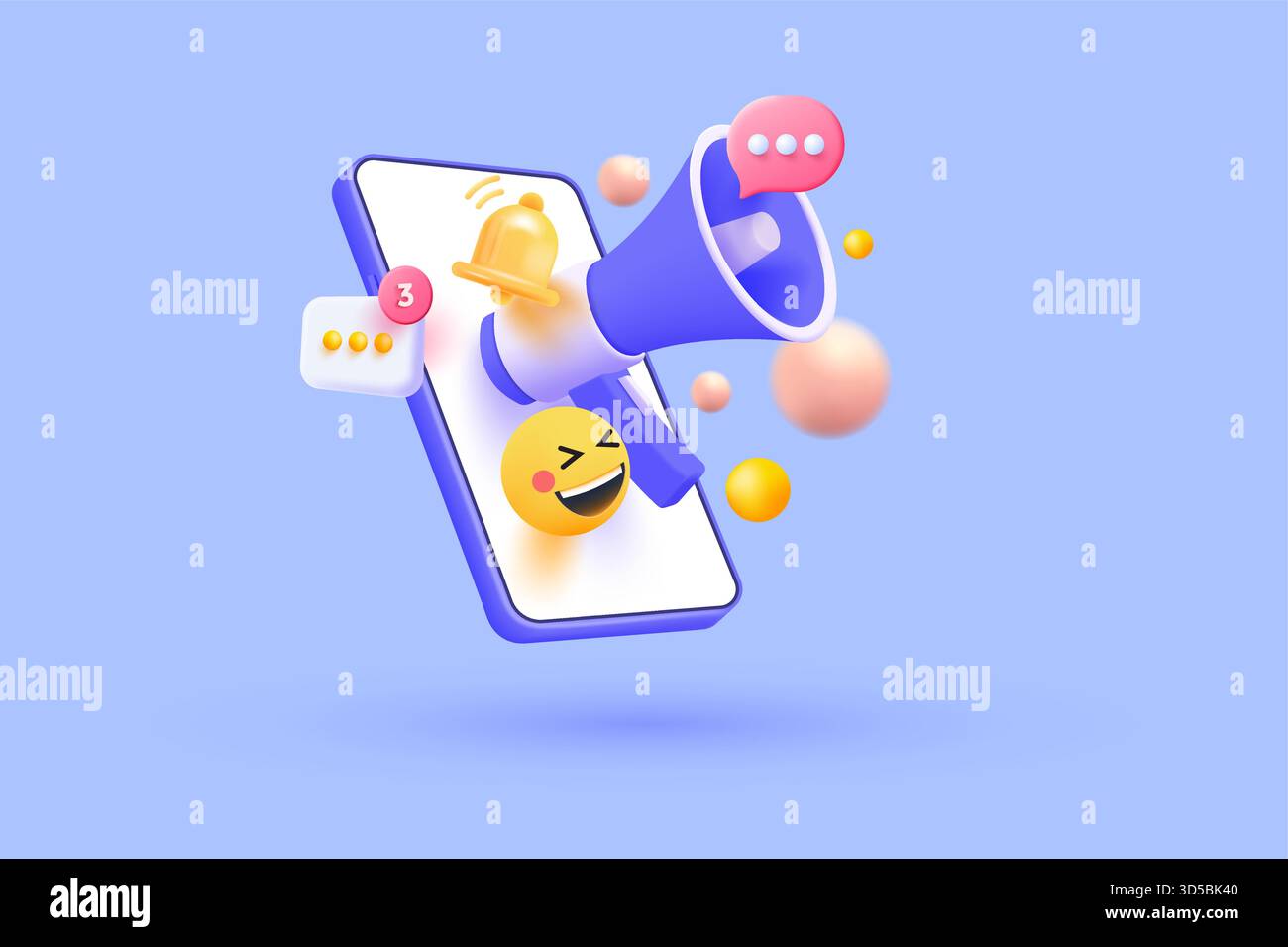 3D-Mobiltelefon mit Post in sozialen Medien und Megaphone. Online-Werbung und -Marketing. Newsletter und Werbung. Zeichentrick-Symbol für kreatives Design Isolat Stock Vektor