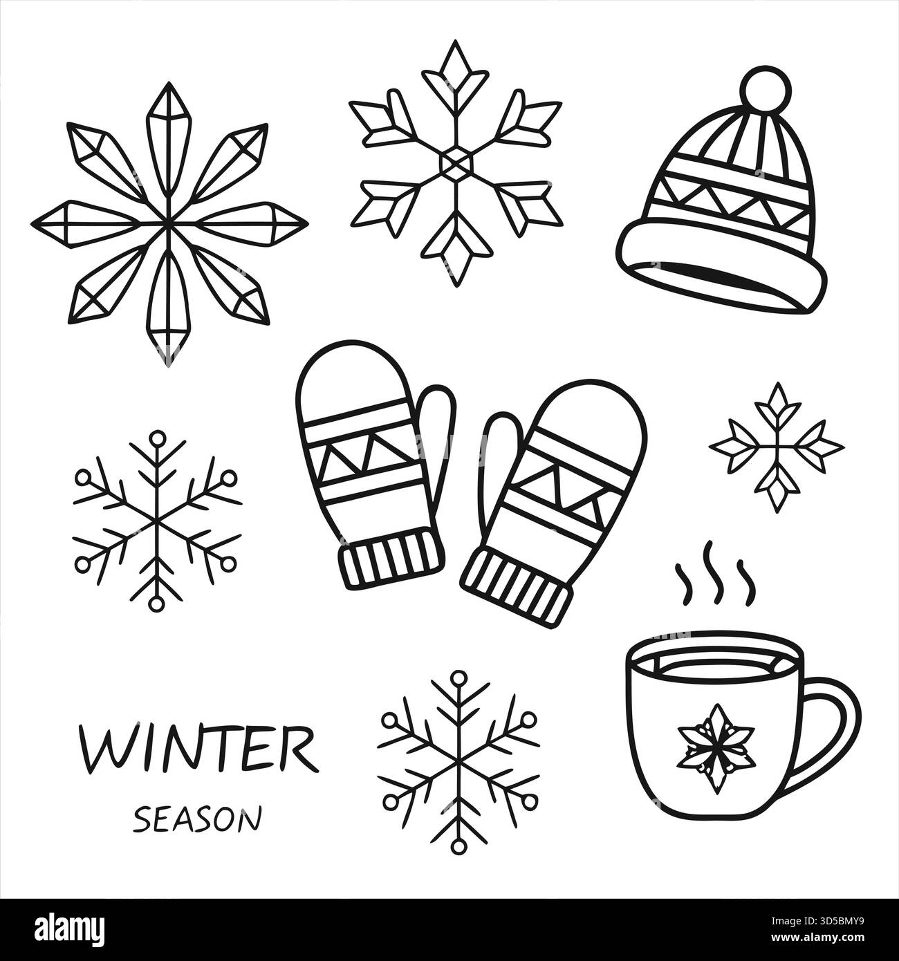 Minimalistisches Winter Season Line Icons Set mit Schneeflocken, warmer Kleidung und heißem Kakao – Clean Black Vector Collection Stock Vektor