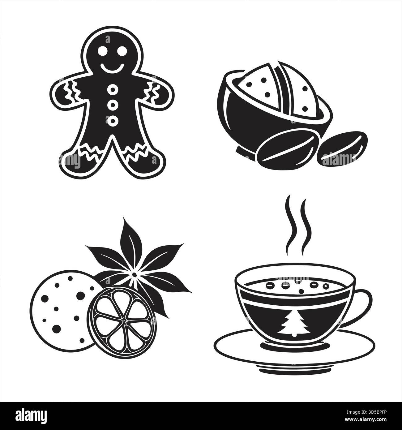 Winter Food & Holiday Treats Icon Set mit Lebkuchenmann, Kastanien, Cookies und heißen Getränken – minimaler schwarzer Vektor Stock Vektor