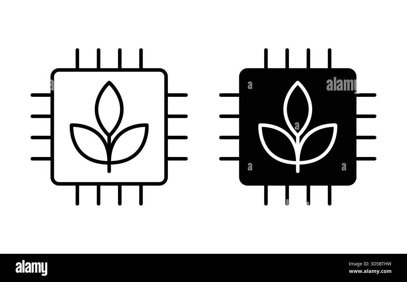 Diese Vektorillustration zeigt ein in einen Mikrochip integriertes Blattsymbol, das die Mischung aus Natur und Technologie betont. Ideal für umweltfreundliche Anwendungen Stock Vektor