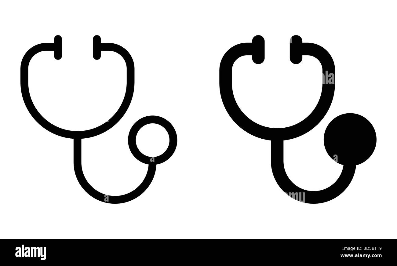 Set aus schwarz-weißen Stethoskop-Symbolen, perfekt für Projekte im Gesundheitswesen, die medizinische Werkzeuge mit einem modernen, minimalistischen Design veranschaulichen Stock Vektor