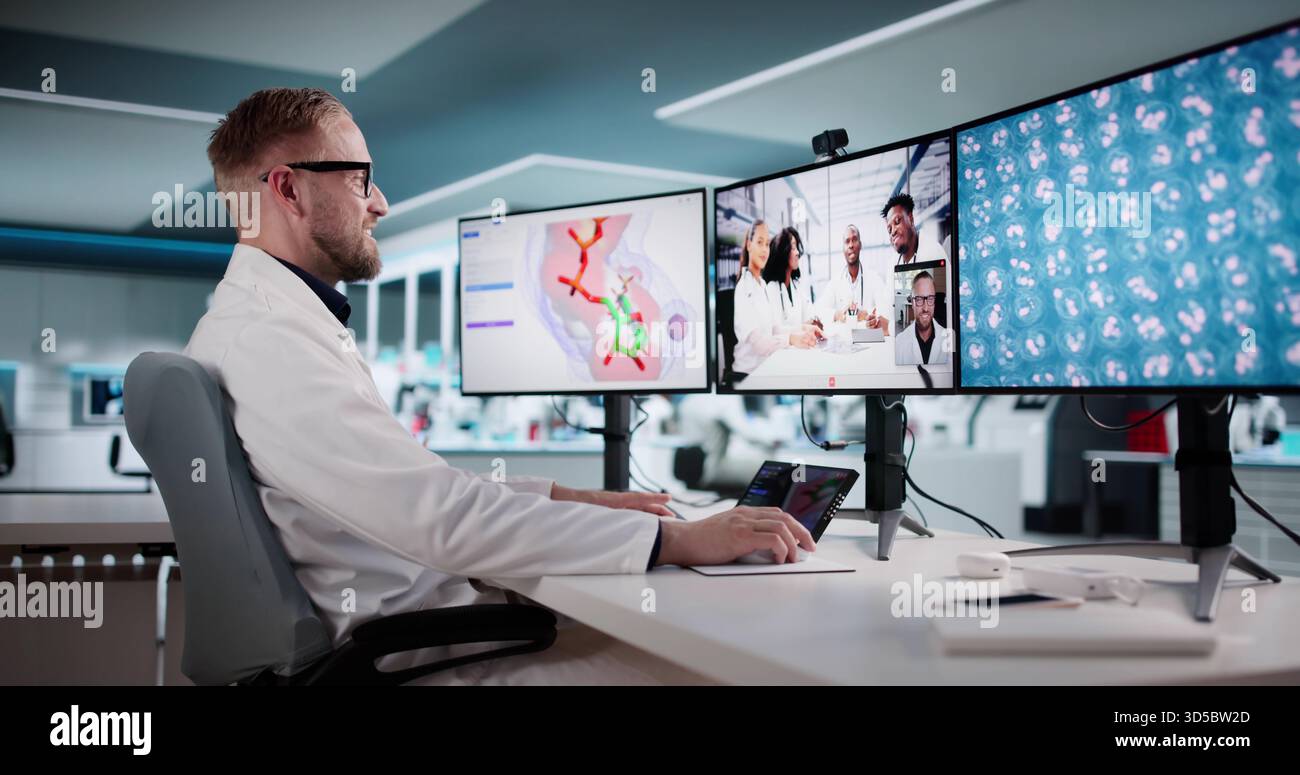 Medizinisches Forschungsteam Führt Virtuelle Videokonferenz-Sitzung Im Labor Durch Stockfoto
