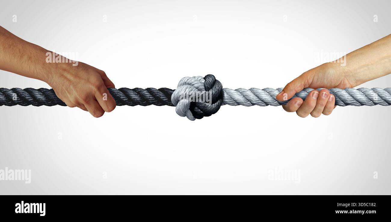 Konflikt-Eskalationskonzept als Tug des Krieges Konflikt mit zwei Menschen, die ein schwarz-weißes Seil ziehen, das mit Gewalt gestreckt wurde, als Symbol erhöhter Kontraktion Stockfoto