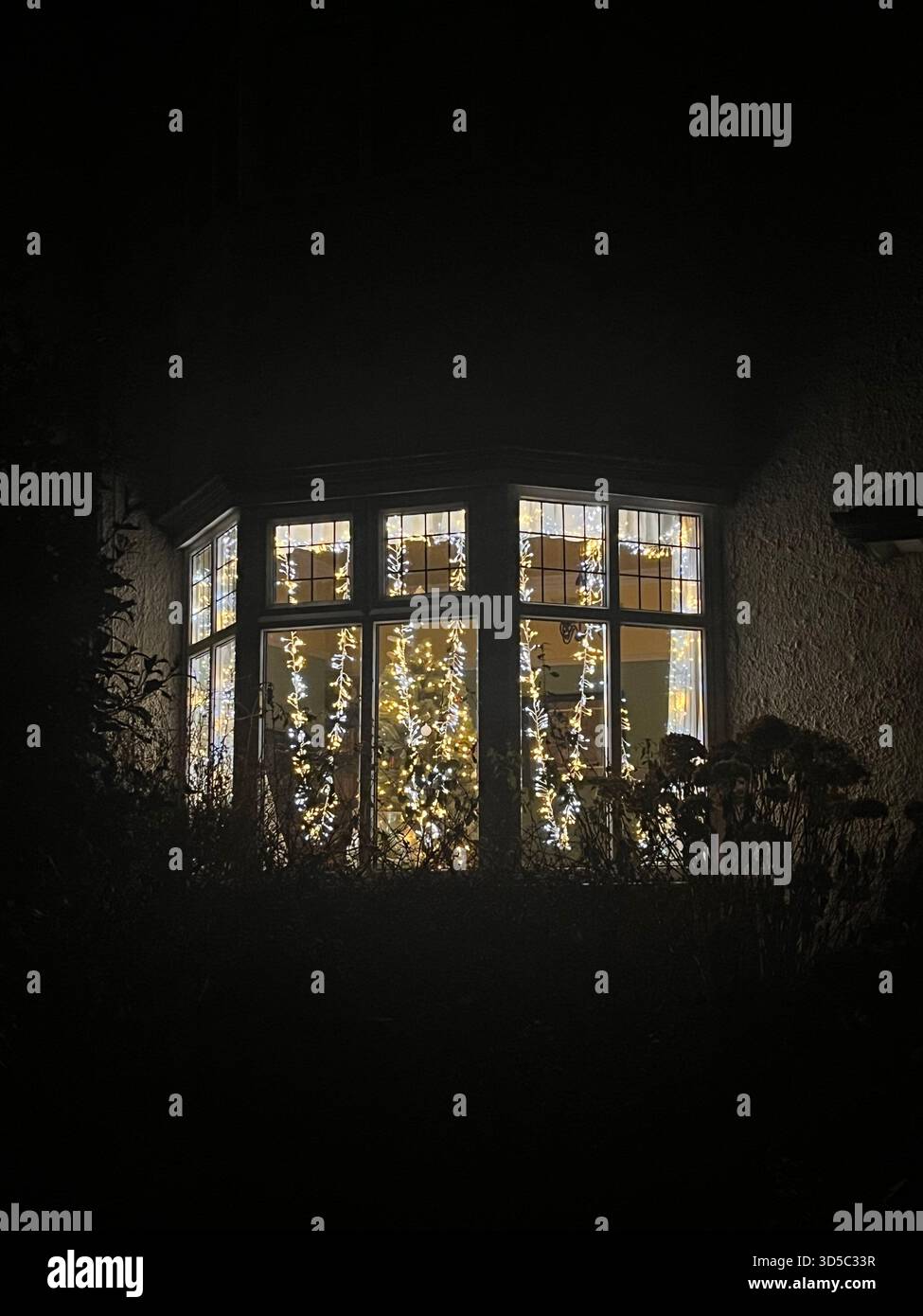 Traditionelle Erkerfenster, dekoriert mit warmweißen Lichterketten, die bei Dämmerung in einem Wohnhaus in Hull, England, leuchten. Gemütlicher Winterurlaub - Smartphone-aufgenommenes Stockfoto