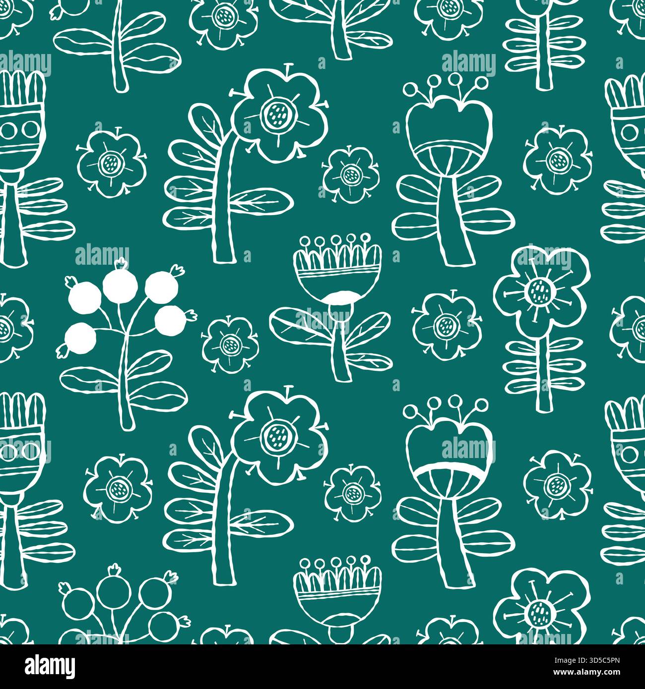 Nahtloses Muster für weiße Blumen und Beeren. Vorlage Hand gezeichnetes Blumenschmuck auf grünem Alexandrit Hintergrund. Vektorabbildung. Nicht AI Stock Vektor