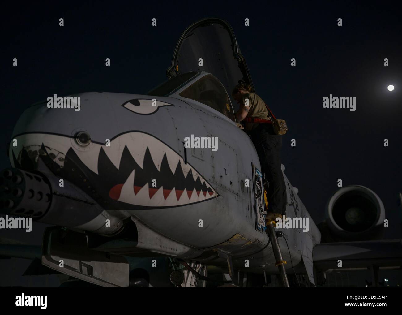 Clarissa Thompson, Crew-Chef der 75. Expeditionary Fighter Generation Squadron, blickt in das Cockpit einer A-10 Stockfoto