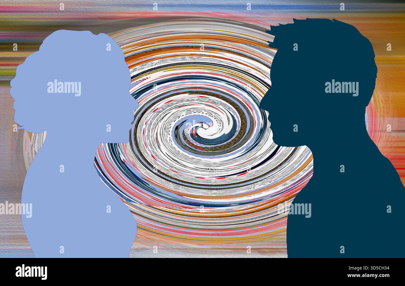 Abstrakte Kunst – zwei Figuren vorne Farbe Mitte der Spirale Stockfoto