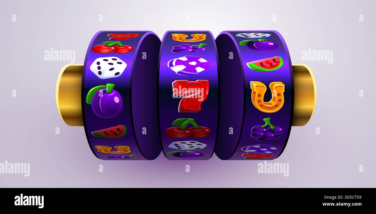 Glänzende Spielautomaten mit traditionellen Obst- und Casino-Symbolen, die Glück und Zufall darstellen. Vektorabbildung. Stock Vektor