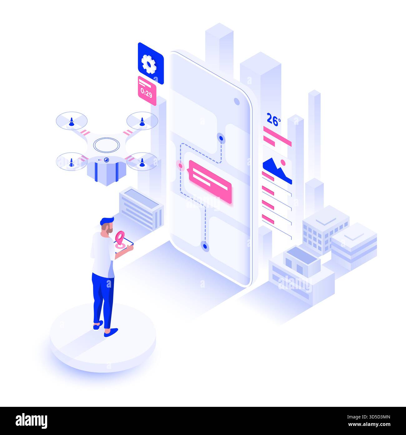 Moderne flache isometrische Darstellung der Drohnenlieferung. Konzept der Technologiebereitstellung. Kann für Websites und mobile Websites oder Landing-Pages verwendet werden. Stock Vektor