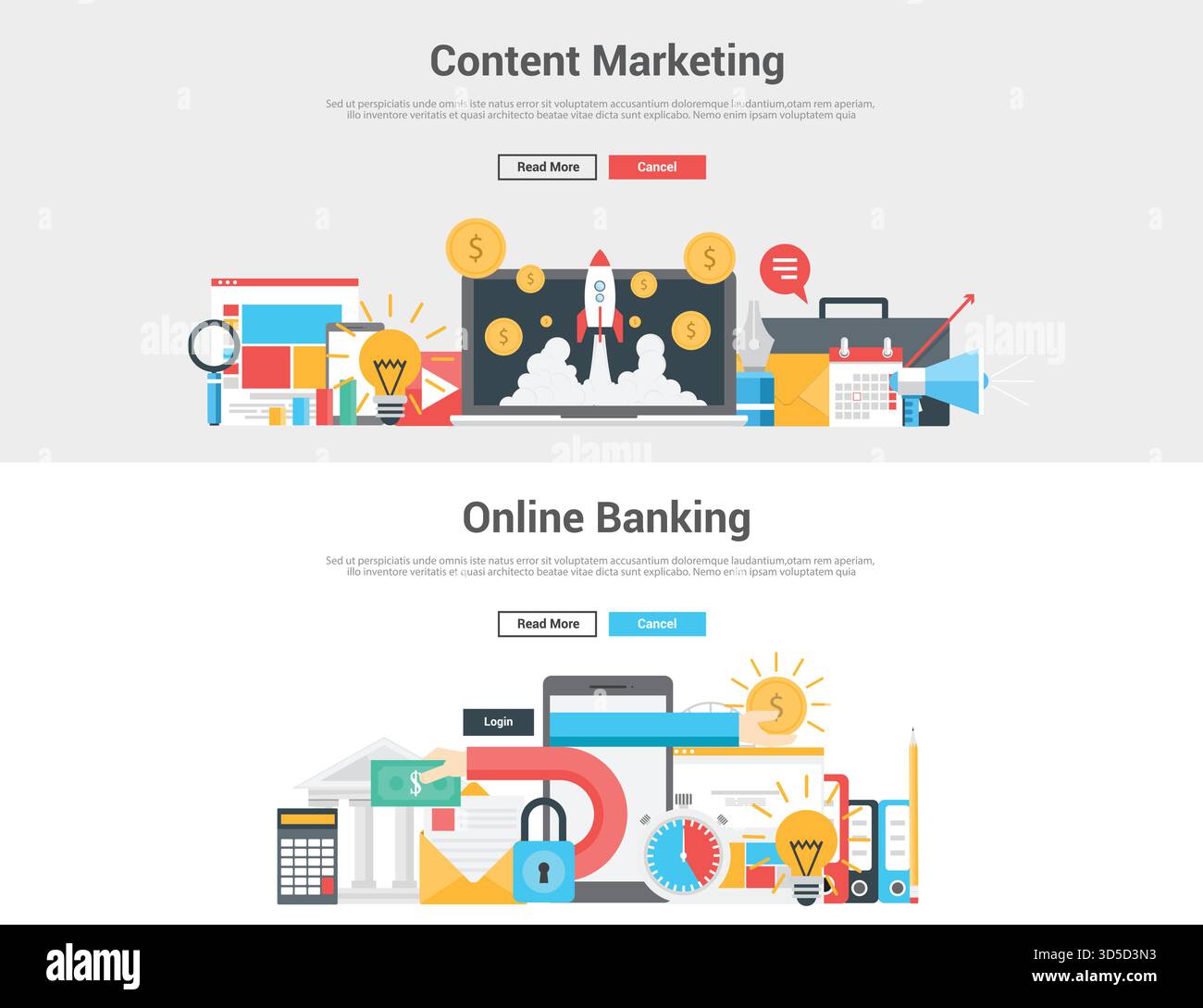 Flaches Design, grafisches Bildkonzept, Layout der Website-Elemente von Content Marketing und Online Banking. Symbole Sammlung von kreativen Workflows und Stock Vektor