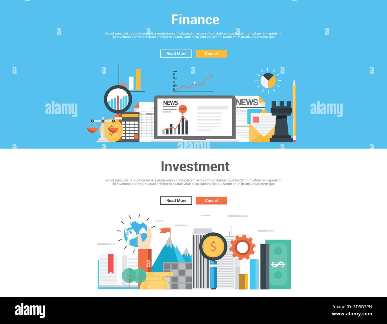 Flaches Design, grafisches Bildkonzept, Layout der Website-Elemente für Finanzen und Einladungen. Symbole Sammlung von Elementen und Elementen für kreative Workflows. Vect Stock Vektor