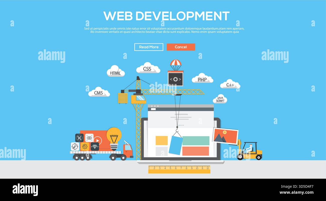 Flaches Design Grafikbild Konzept, Website Elemente Layout von Web Development. Symbole Sammlung von Elementen und Elementen für kreative Workflows. Vektorbeleuchtung Stock Vektor