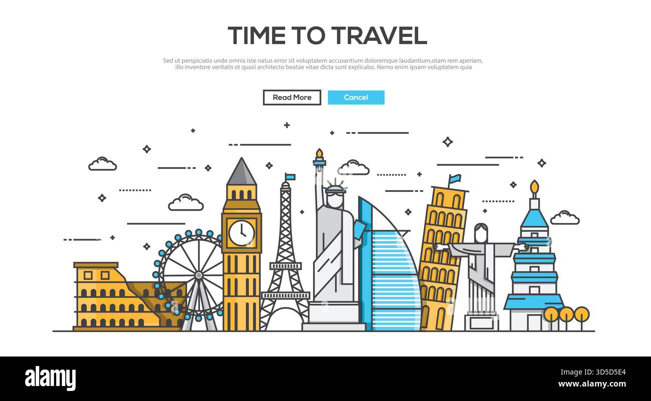 Flat Line Design Grafikkonzept, Website-Elemente Layout von Time To Travel. Symbole Sammlung von Elementen und Elementen für kreative Workflows. Vektor Stock Vektor