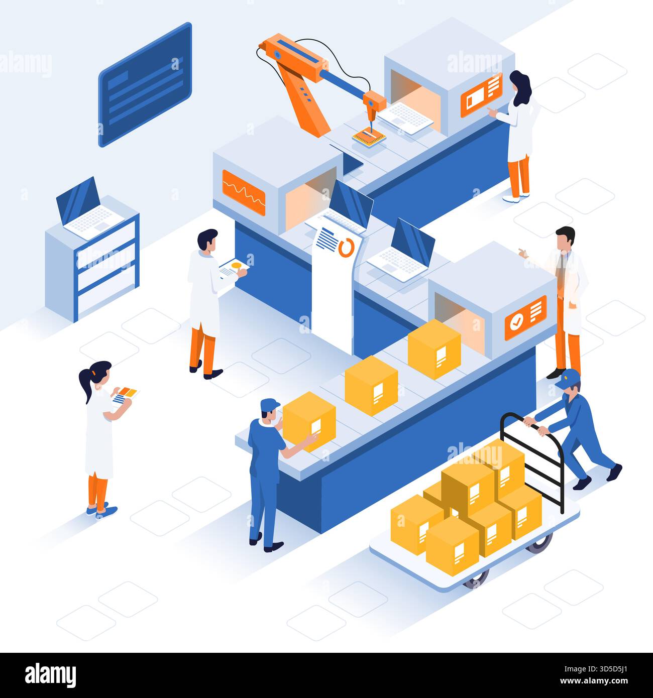Innovative, moderne intelligente Industrie: Produktdesign, automatisierte Produktionslinie, Lieferung und Vertrieb mit Mitarbeitern, Industrie-4,0-Konzept. Modern Stock Vektor
