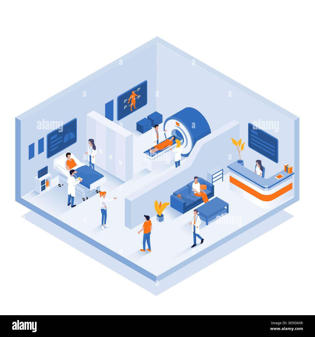 Isometrische Infografiken einer virtuellen Medizinischen Klinik mit Räumen. Innovatives Gesundheitskonzept. Kann für Präsentationsbanner, Workflow-Layout, inf Stock Vektor