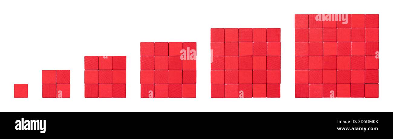 Rote Holzwürfel, in Quadraten angeordnet, die quadratische Zahlen und perfekte Quadrate von 1 bis 6 darstellen. Stockfoto