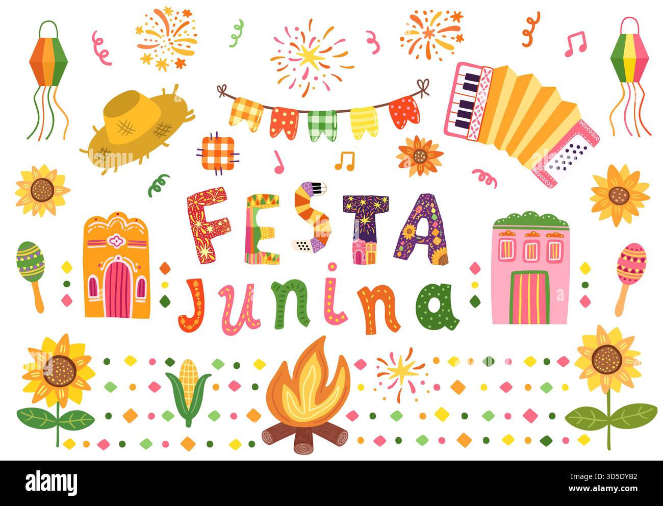 Niedliches Festa Junina Vektor-Set mit Grafiken - Akkordeon, Mais, Text, Feuer, Strohhut für Banner, Poster Stock Vektor