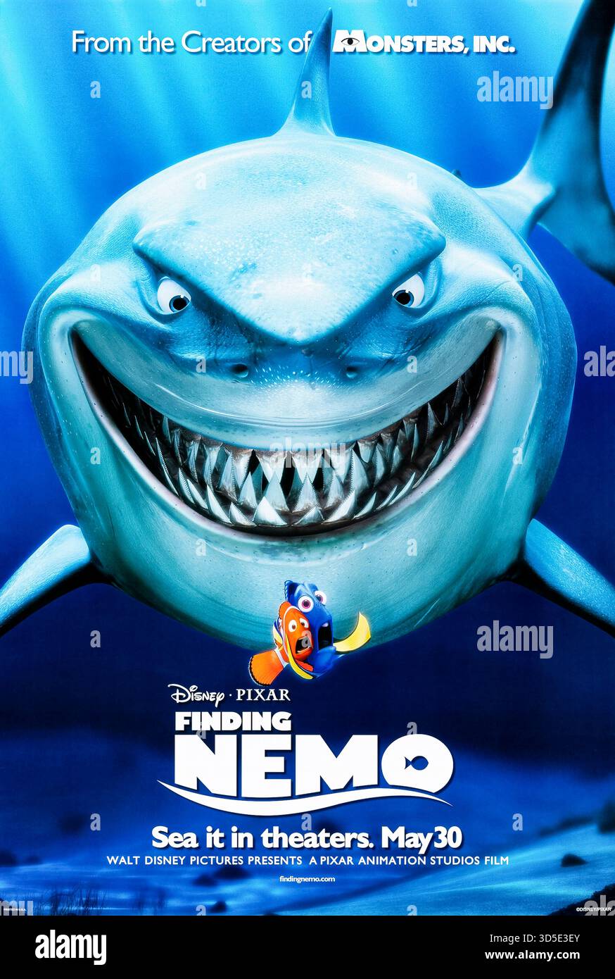 Finding Nemo (2003) von Andrew Stanton mit Albert Brooks, Ellen DeGeneres und Alexander Gould. Marlin arbeitet mit Dory zusammen, um seinen Sohn Nemo zu retten, der gefangen genommen und in ein Fischbecken gesteckt wurde. Foto eines Original-Posters aus dem Jahr 2003 (US Advance Poster), das NUR ZUR REDAKTIONELLEN VERWENDUNG VERWENDET WIRD. Quelle: BFA / Walt Disney Studios Motion Pictures Stockfoto