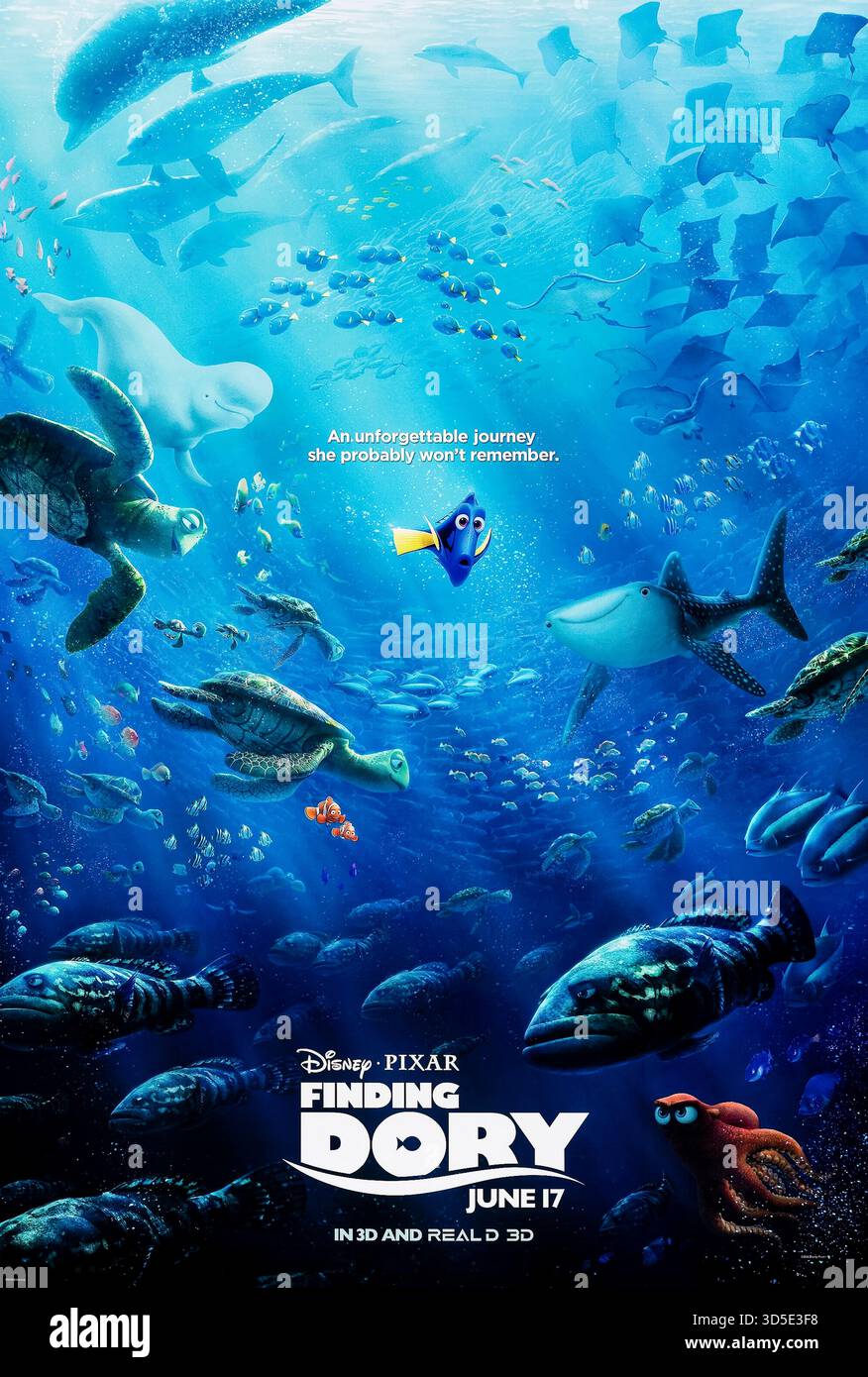 Finding Dory (2016) von Andrew Stanton mit Ellen DeGeneres, Albert Brooks und Ed O’Neill. Forgetful Dory begibt sich mit Hilfe von Nemo und Marlin auf die Suche nach ihren längst verlorenen Eltern. Foto eines Original-Posters aus dem Jahr 2016 (US Advance), das NUR FÜR REDAKTIONELLE ZWECKE VERWENDET WIRD. Quelle: BFA / Walt Disney Studios Motion Pictures Stockfoto