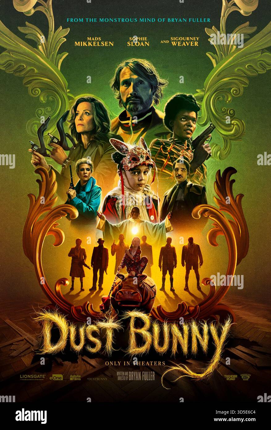 Dust Bunny (2025) von Bryan Fuller mit Mads Mikkelsen, Sophie Sloan und Sigourney Weaver. Die zehnjährige Aurora bittet ihren mysteriösen Nachbarn, einen Mörder, um ihr zu helfen, das Monster unter ihrem Bett zu töten, von dem sie glaubt, dass sie ihre Familie gefressen hat. NUR ZUR REDAKTIONELLEN VERWENDUNG des US-Advance-Posters. Quelle: BFA / A24 Stockfoto