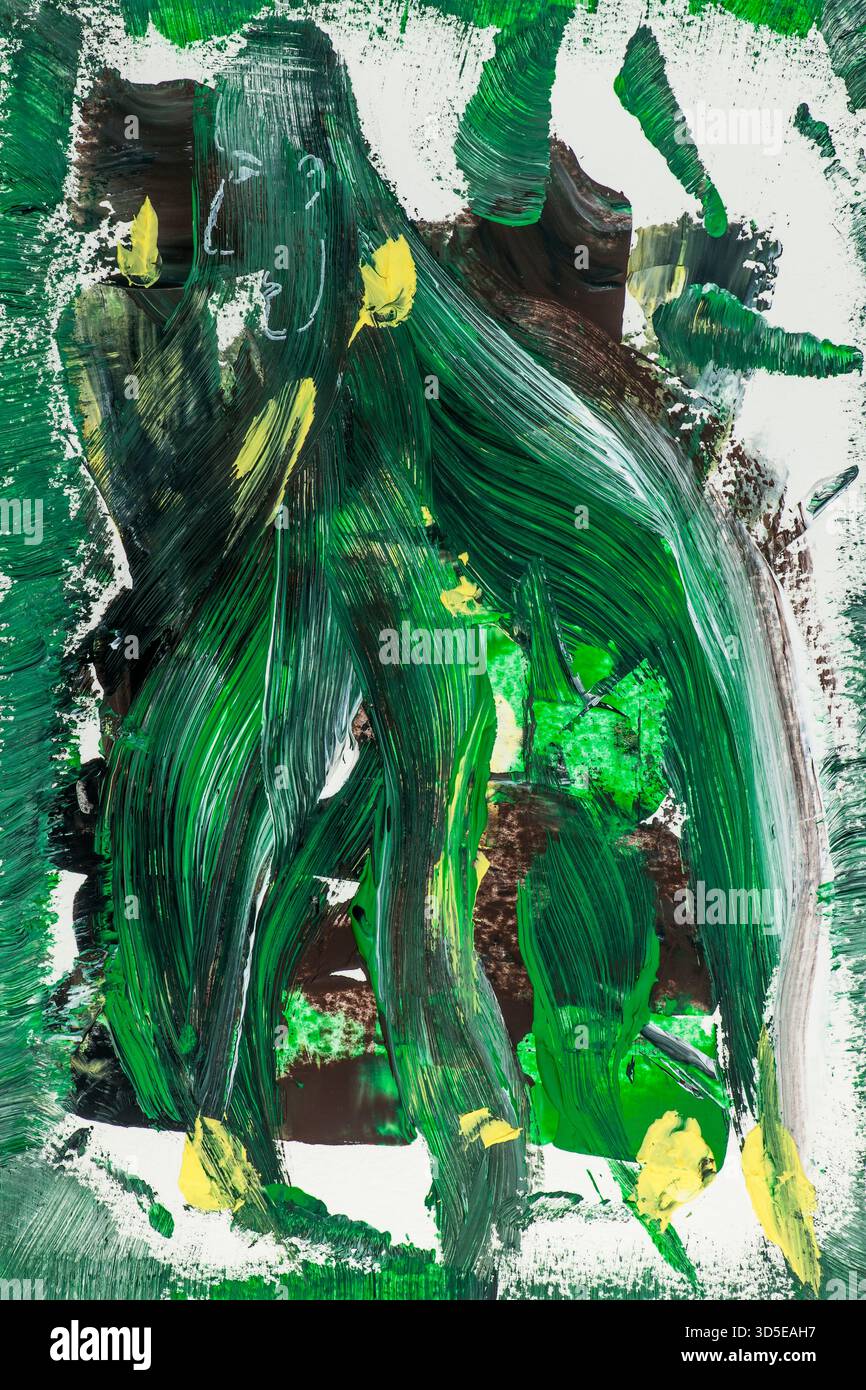 Abstrakte Acrylmalerei in Grün- und Gelbtönen auf Papier. Dieses Bild wurde von einem Fotografen erstellt. Der Fotograf ist auch Maler. Stockfoto