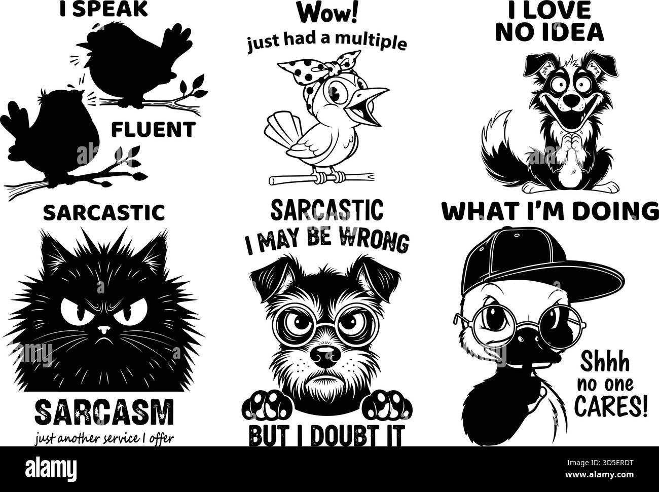 Sarkastische Tierfigur lustige Zitate Sammlung isoliert auf weißem Hintergrund, Vektor Stock Vektor