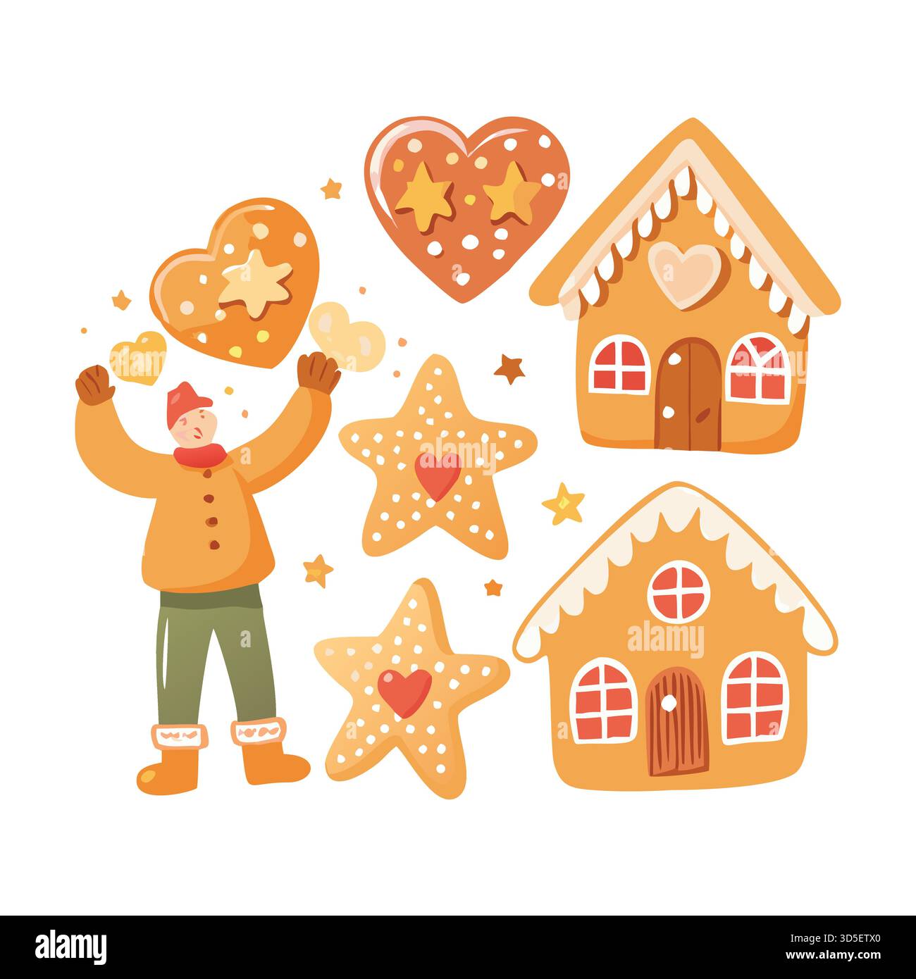 „Ein niedliches Lebkuchenkeks-Illustrationsset mit Sternen, Herzen, Häusern und Charakteren mit detaillierter Glasur, ideal für Muster, Karten und Verpackungen Stock Vektor