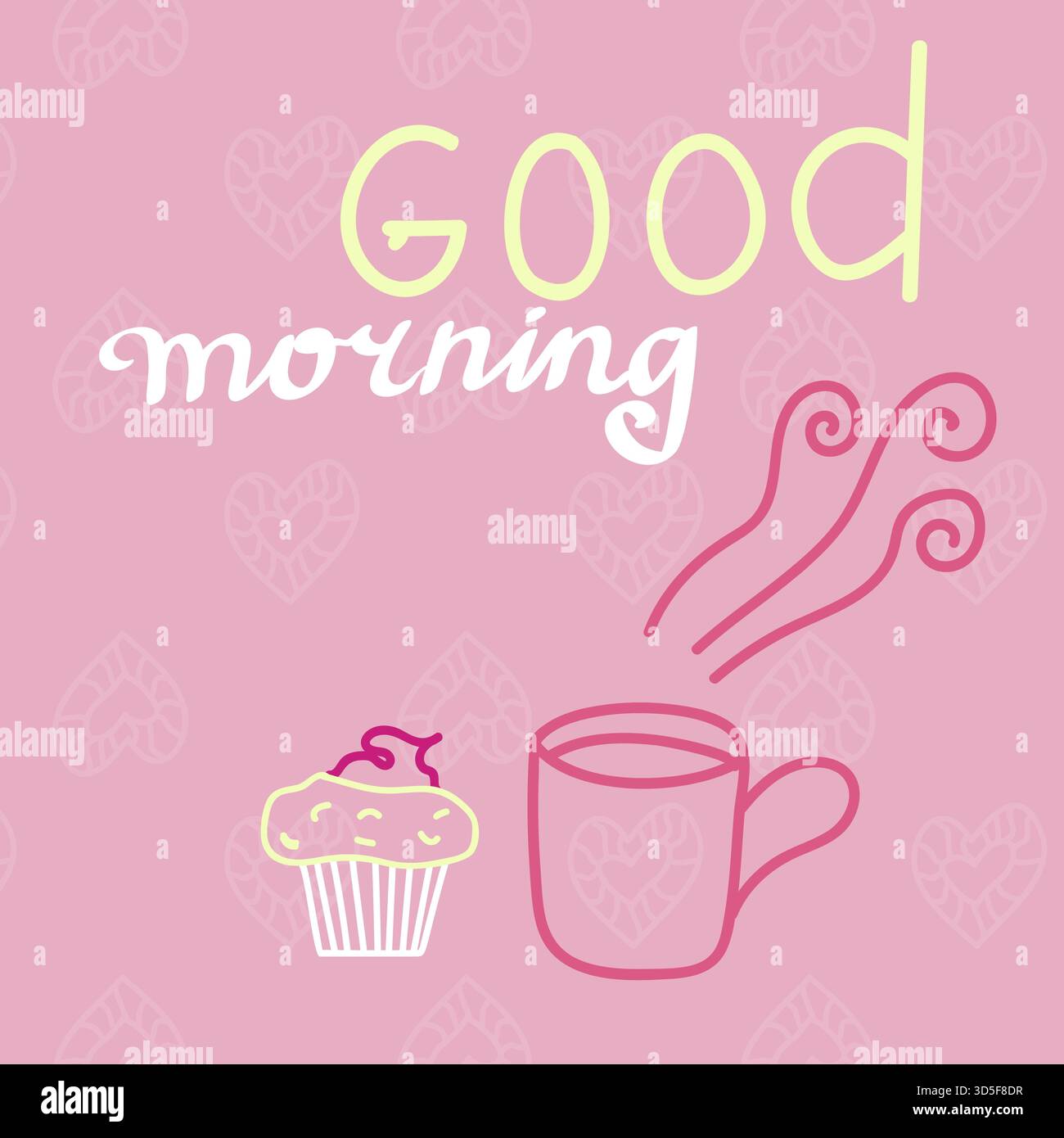 Guten Morgen. Text von Hand schreiben. Vektorabbildung. Kaffee oder Tee und Muffin Stockfoto