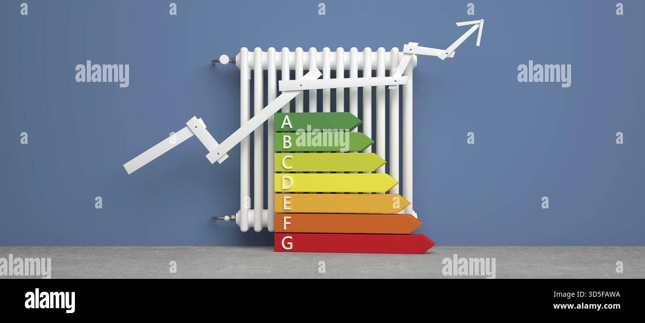 Klassischer Heizkörper mit Pfeil vor Hintergrund - 3D Abbildung Stockfoto
