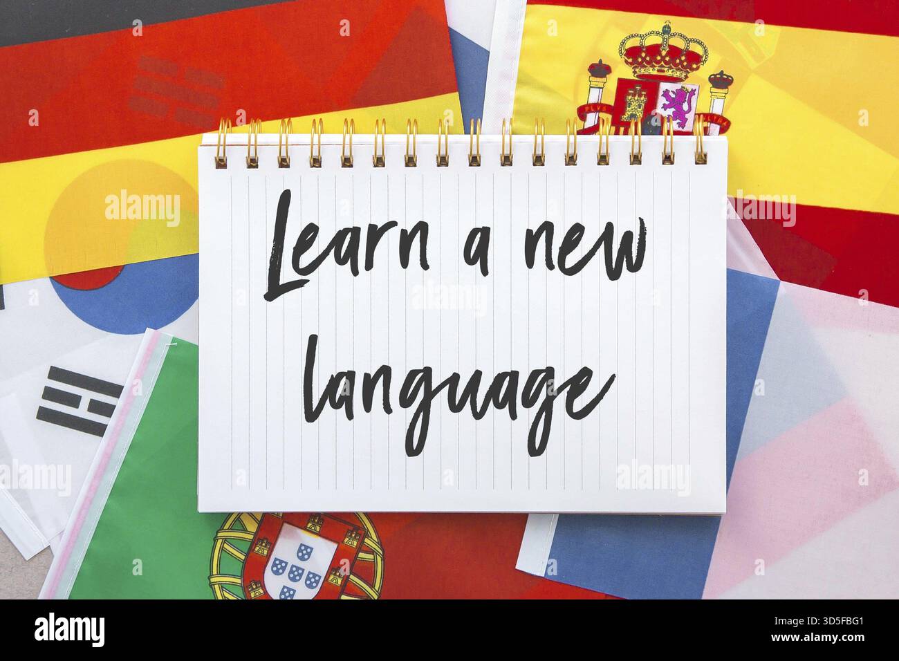 Nationalflaggen von frankreich, porutgalia, spanien, japan und anderen sowie das Inschriftenheft lernen eine neue Sprache, ein Bildungskonzept Stockfoto
