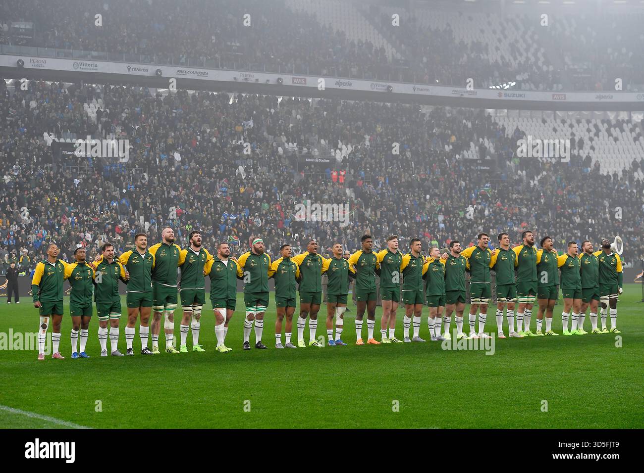 Turin, Italien, 15. November 2025 Quilter Nations Series 2025; Italien und Südafrika, Allianz Stadium Turin Springboks RSA Team während des Quilter Nations Series 2025 Spiels zwischen Italien und Südafrika im Allianz Stadium Turin am 15. November 2025 in Turin Stockfoto