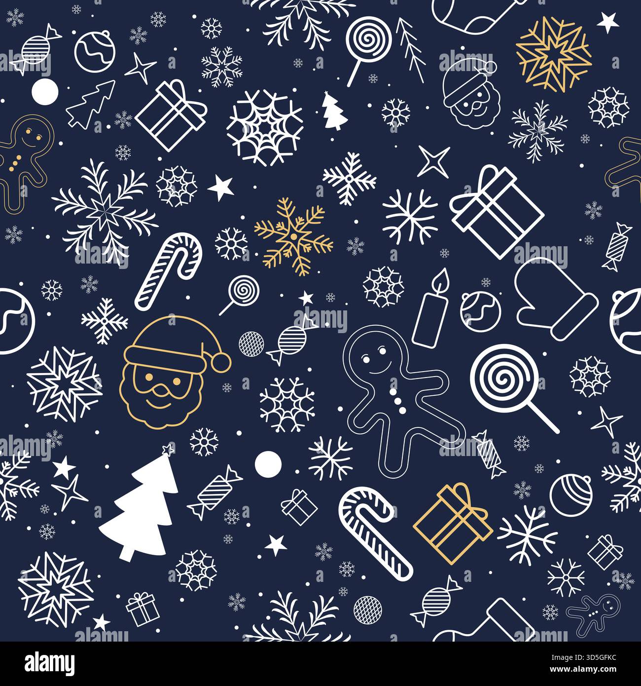 Dekoratives nahtloses Muster mit Weihnachtssymbolen in weiß und Gold auf marineblauem Hintergrund, perfekt für Feiertagsdesign, Vektorillustration Stock Vektor