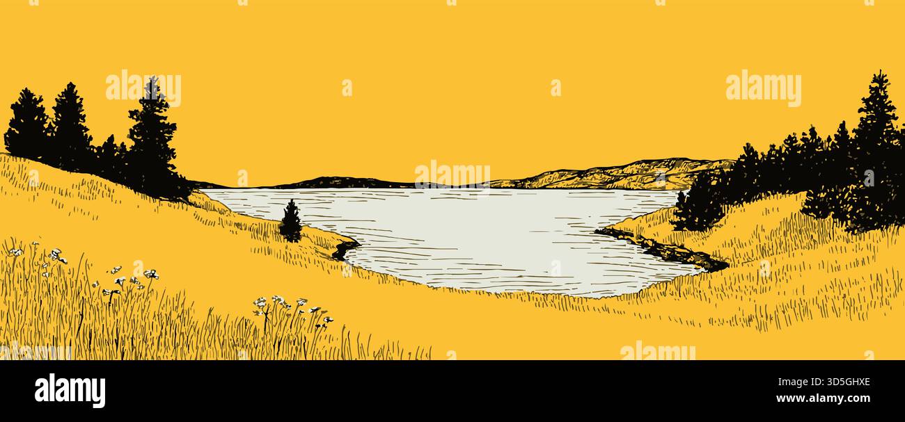 Eine ruhige Landschaft mit gelbem Hintergrund mit einem ruhigen See und ein paar Bäumen. Der See ist von einem üppigen grünen Feld umgeben Stock Vektor