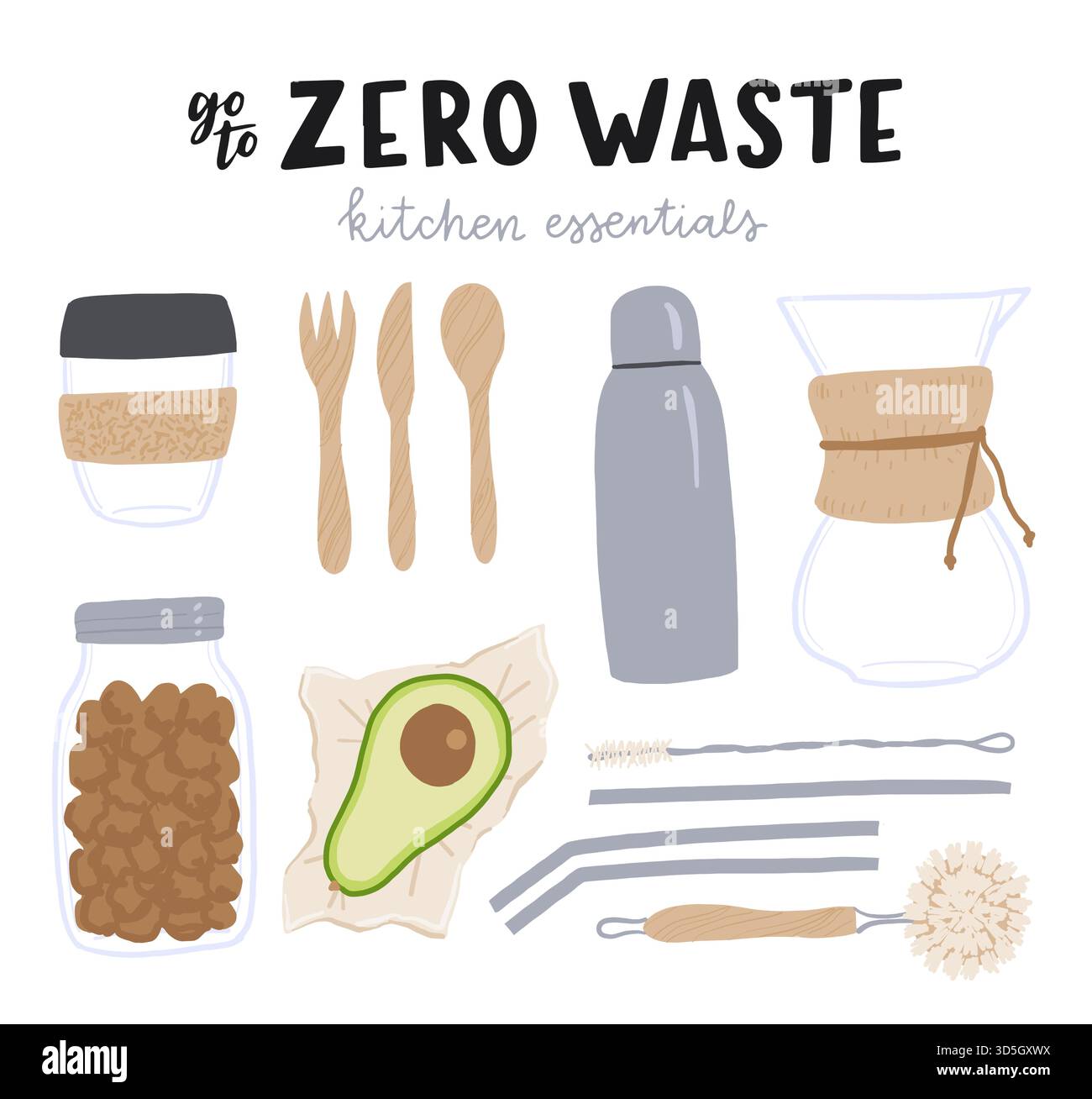 Set aus Koch-Outfit und Besteck im Cartoon-Stil mit handgezeichneter Schrift „Zero Waste Kitchen Essentials“. Wiederverwendbare Küchenutensilien aus na Stock Vektor