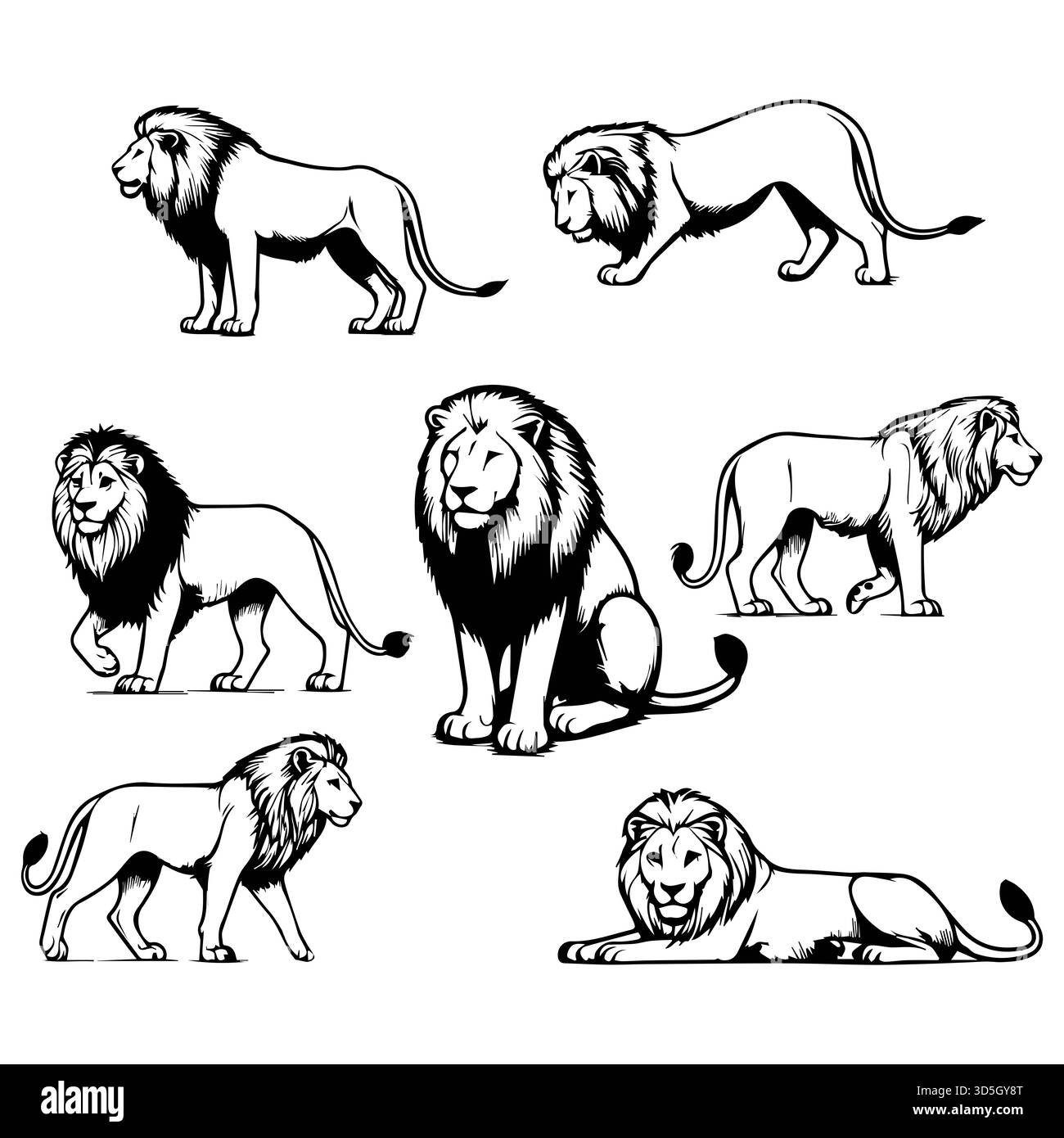 Schwarz-weiße Löwendarstellungen in verschiedenen Posen mit kräftiger Mähne und stilisierter Anatomie Stockfoto