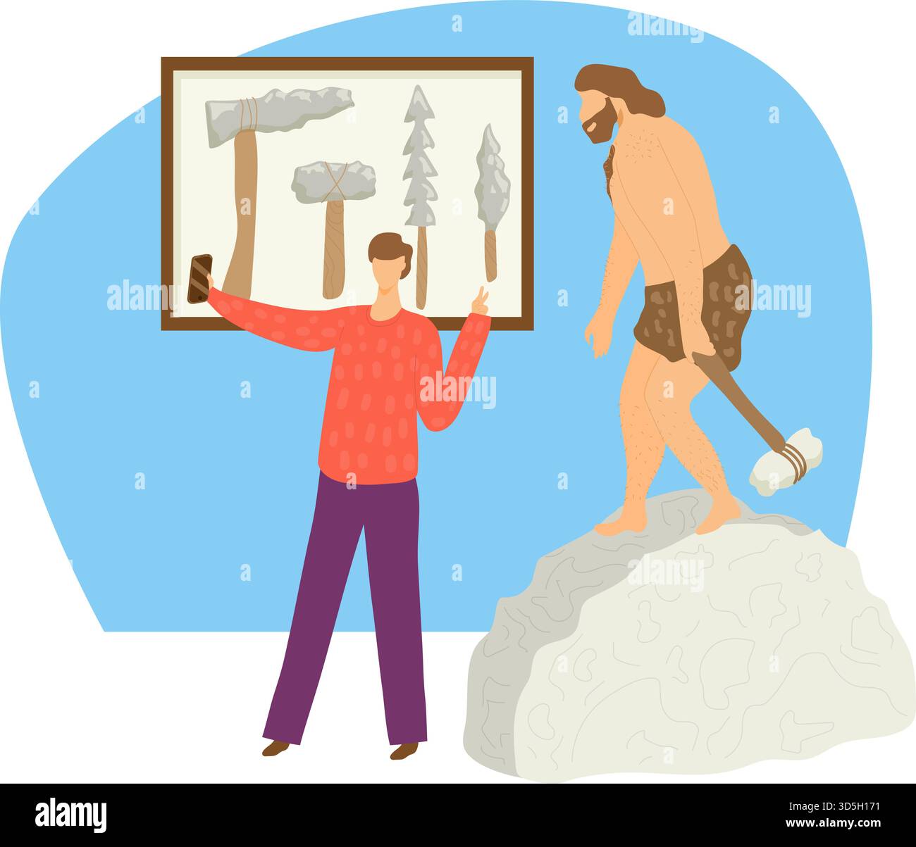 Höhlenmensch und moderner Mensch, prähistorischer und zeitgenössischer Lebensstil. Evolution der menschlichen, geschichtlichen und anthropologischen Vektorillustration. Stock Vektor